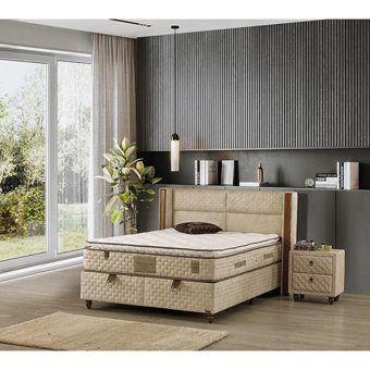Mobilya Dükkanım Bera 180 x 200 cm Ayrılabilen Yataklı Başlıklı Çift Kişilik Sandıklı Baza Seti Krem