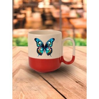Kelebek Görselli Kırmızı Tabanlı Kupa Bardak - Seramik Çay, Kahve Hediyelik Bardağı - Krem - 1 Adet