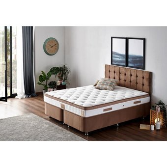 Niron Yatak Latte 180 x 200 cm Ayrılabilen Yataklı Başlıklı Çift Kişilik Sandıklı Baza Seti Kahverengi