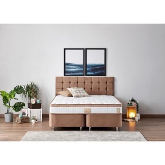 Niron Yatak Latte 180 x 200 cm Ayrılabilen Yataklı Başlıklı Çift Kişilik Sandıklı Baza Seti Kahverengi