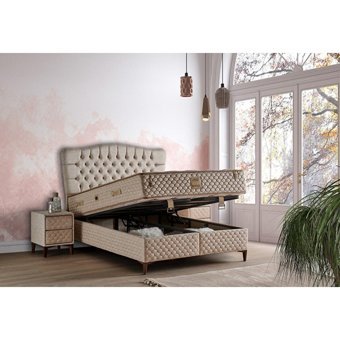 Mobilya Dükkanım Roleks 150 x 200 cm Ayrılabilen Yataklı Başlıklı Çift Kişilik Sandıklı Baza Seti Krem