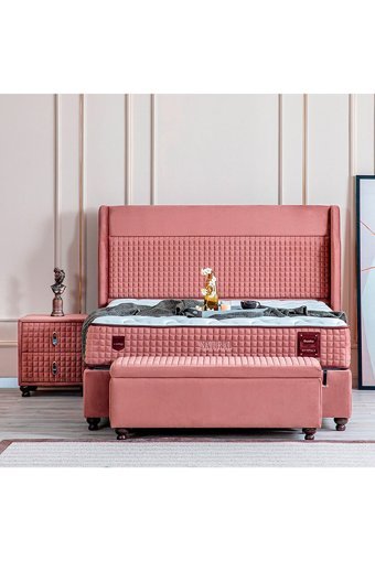 Weltew Yatak Natural 180 x 200 cm Başlıklı Çift Kişilik Sandıklı Baza Seti Pembe