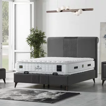 Armis Cascade 200 x 200 cm Yataklı Başlıklı Çift Kişilik Sandıklı Baza Seti Gri