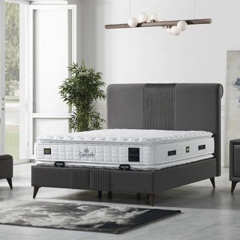 Armis Cascade 180 x 200 cm Yataklı Başlıklı Çift Kişilik Sandıklı Baza Seti Gri