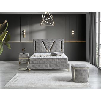 Arleno Bedding Karizma 160 x 200 cm Ayrılabilen Yataklı Başlıklı Çift Kişilik Sandıklı Baza Seti Gri