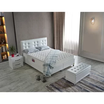 Arleno Bedding Jaguar 160 x 200 cm Ayrılabilen Yataklı Başlıklı Çift Kişilik Sandıklı Baza Seti Beyaz