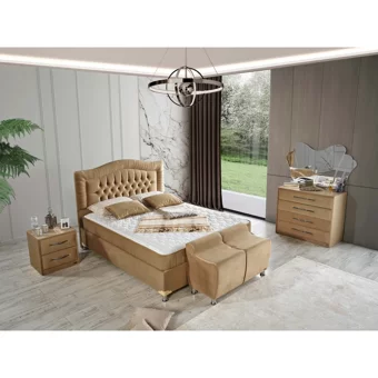 Arleno Bedding Aysima 160 x 200 cm Ayrılabilen Yataklı Başlıklı Çift Kişilik Sandıklı Baza Seti Krem