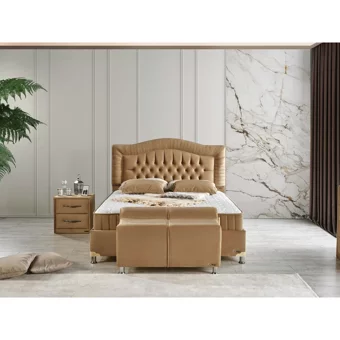 Arleno Bedding Aysima 160 x 200 cm Ayrılabilen Yataklı Başlıklı Çift Kişilik Sandıklı Baza Seti Krem