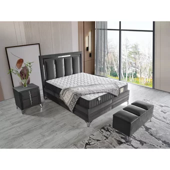Arleno Bedding Polaris 160 x 200 cm Ayrılabilen Yataklı Başlıklı Çift Kişilik Sandıklı Baza Seti Antrasit