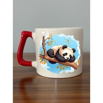 Panda Görselli Kırmızı Kulplu Kupa Bardak - Seramik Çay, Kahve Hediyelik Bardağı - Krem - 1 Adet