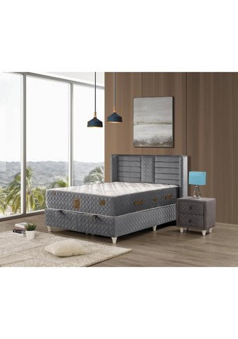 Mobilya Dükkanım Yaren 150 x 200 cm Yataklı Başlıklı Çift Kişilik Sandıklı Baza Seti Gri