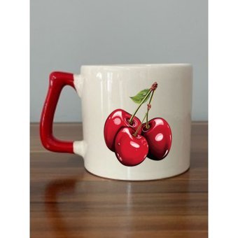 Kiraz Görselli Kırmızı Kulplu Kupa Bardak - Seramik Çay, Kahve Hediyelik Bardağı - Krem - 1 Adet