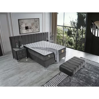 Arleno Bedding Mimoza 160 x 200 cm Yataklı Başlıklı Çift Kişilik Sandıklı Baza Seti Antrasit