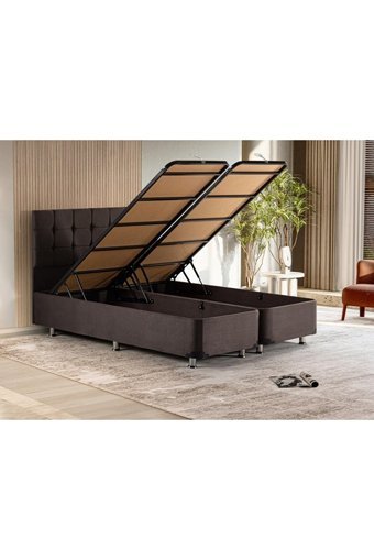 Niron Yatak Rama 200 x 200 cm Ayrılabilen Başlıklı Çift Kişilik Sandıklı Baza Seti Füme