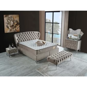 Arleno Bedding Zara 160 x 200 cm Ayrılabilen Yataklı Başlıklı Çift Kişilik Sandıklı Baza Seti Krem