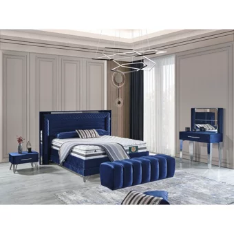 Arleno Bedding Carolin 160 x 200 cm Ayrılabilen Yataklı Başlıklı Çift Kişilik Sandıklı Baza Seti Lacivert