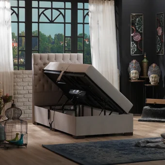 Unimet Leila 200 x 200 cm Ayrılabilen Yataklı Başlıklı Çift Kişilik Sandıklı Baza Seti Bej