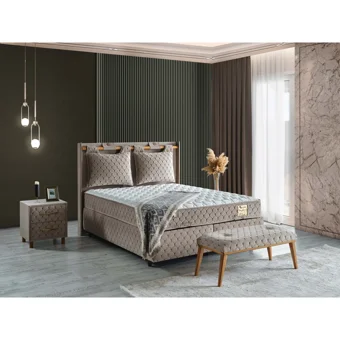 Arleno Bedding Lina 160 x 200 cm Ayrılabilen Başlıklı Çift Kişilik Sandıklı Baza Seti Krem