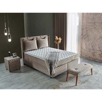 Arleno Bedding Lina 160 x 200 cm Ayrılabilen Başlıklı Çift Kişilik Sandıklı Baza Seti Krem