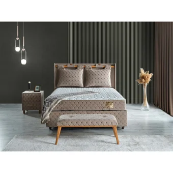 Arleno Bedding Lina 160 x 200 cm Ayrılabilen Başlıklı Çift Kişilik Sandıklı Baza Seti Krem