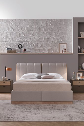 Enza Home Polka 160 x 200 cm Başlıklı Çift Kişilik Sandıklı Baza Seti Bej