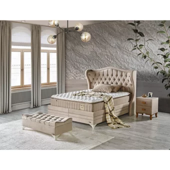 Arleno Bedding Polo 160 x 200 cm Ayrılabilen Yataklı Başlıklı Çift Kişilik Sandıklı Baza Seti Krem