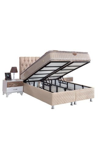 Bora Yatak Elif 100 x 200 cm Ayrılabilen Yataklı Başlıklı Çift Kişilik Sandıklı Baza Seti Krem