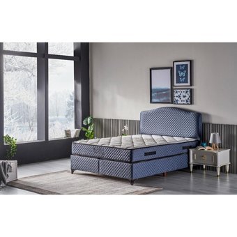 Mobilya Dükkanım Domino 90x200 cm Başlıklı Yataklı Sandıklı Tek Kişilik Baza Seti Mavi