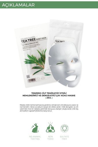 Tenzero Cilt Temizleyici Etkili Nemlendirici Ve Dengeleyici Çay Ağacı Şeffaf Pamuk Nemlendiricili Kağıt Yüz Maskesi 10x25 ml
