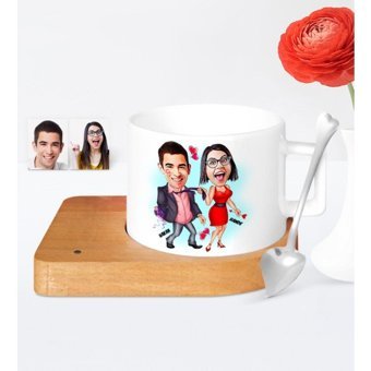 BK Kişiye Özel Sevgililer Karikatür Ahşap Altlıklı Seramik Fincan - 4