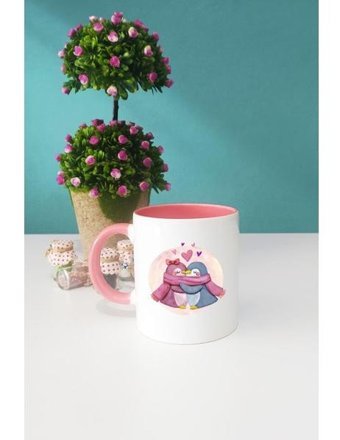 Sevgililer Günü Hediyesi Penguenler Kupa Bardak Pembe - 1 Adet - 300 ml