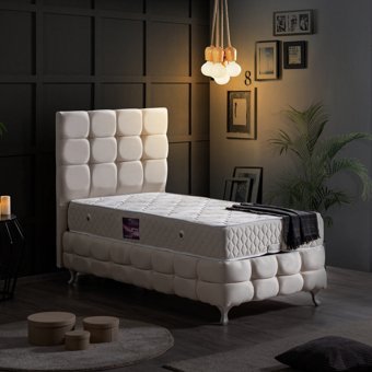 Setay Duke Lüx 90x200 cm Başlıklı Yataklı Sandıklı Tek Kişilik Baza Seti Krem