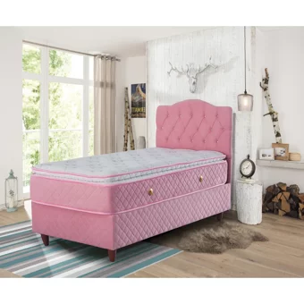 Zelis Mobilya Lüx Zelis 90x190 cm Başlıklı Yataklı Sandıklı Tek Kişilik Baza Seti Pembe