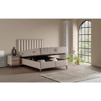 Mobilya Dükkanım Lidya 90x190 cm Başlıklı Yataklı Sandıklı Tek Kişilik Baza Seti Krem