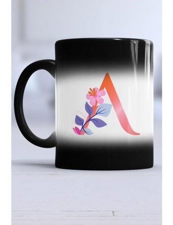 Özel Tasarım A Harfli Kupa Bardak Sihirli - 1 Adet - Siyah - 300 ml