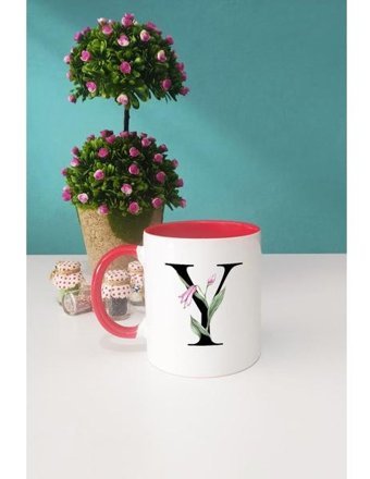 Çiçek Desenli Y Harfli Kupa Bardak Kırmızı - 1 Adet - 300 ml