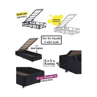 Niron Yatak Ela 90x200 cm Başlıksız Sandıklı Tek Kişilik Baza Seti Siyah