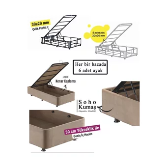 Niron Yatak Rama 90x190 cm Başlıklı Sandıklı Tek Kişilik Baza Seti Açık Kahve