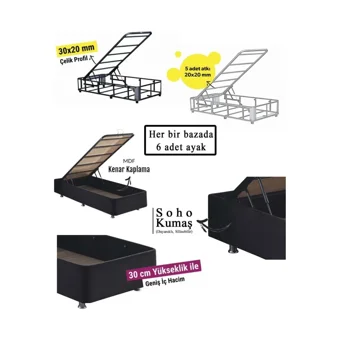 Niron Yatak Ela 120x200 cm Başlıksız Sandıklı Tek Kişilik Baza Seti Siyah