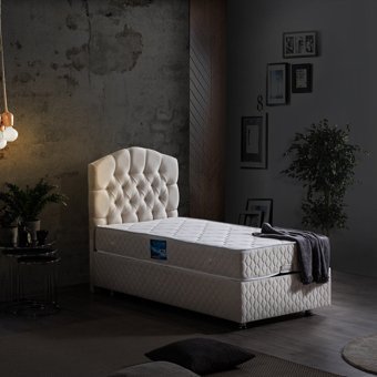 Setay Zümrüt 90x200 cm Başlıklı Yataklı Sandıklı Tek Kişilik Baza Seti Krem