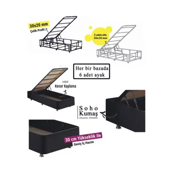 Niron Yatak Piano Lite 90x200 cm Başlıklı Sandıklı Tek Kişilik Baza Seti Siyah