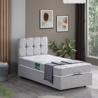 Setay Berlin 100x200 cm Başlıklı Yataklı Sandıklı Tek Kişilik Baza Seti Açık Gri
