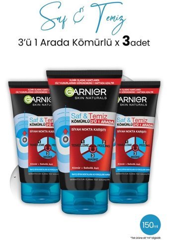 Garnier 3'Ü 1 Arada Siyah Nokta Karşıtı Krem Yüz Maskesi 3x150 ml