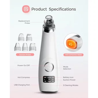 Jarke Led Ekranlı Şarjlı Vakumlu Siyah Nokta Temizleme Aleti Beyaz Gümüş