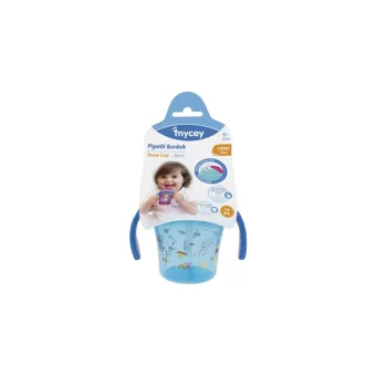 Mycey Pipetli Akıtmaz Kulplu 9+ Ay 200 ml Alıştırma Bardağı Mavi