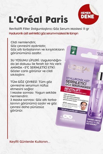 L'Oreal Paris Revitalift Filler Nemlendiricili Kağıt Yüz Maskesi 11 gr