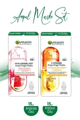 Garnier Ampul C Vitamini Ananas Özü ve Hyaluronik Karpuz Özü Kağıt Yüz Maskesi 15 gr+15 gr