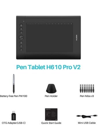 Huion H610 Pro V2 11.8 inç Ekranlı Kalemli Kablolu Grafik Tablet Siyah