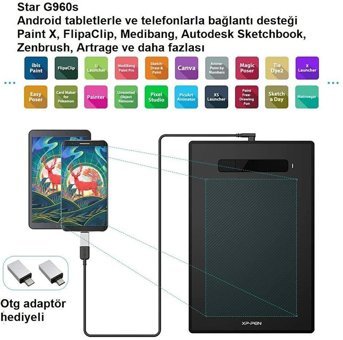 Xp Pen Star G960s 10.8 inç Ekranlı Bluetoothlu Kalemli LED Kablolu Grafik Tablet Siyah