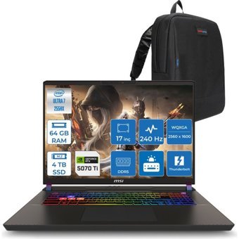 MSI Msı Vector 17 Hx Aı A2XWHG-086TR Intel Core Ultra 7-255HX Aı 64GB 4tb SSD 12GB/RTX5070TI 140W 17 Inç 2k QHD+2560X1600 240Hz IPS Freedos Gaming Laptop ZW086TRF31+ZETTAÇANTA - 4 TB - 64 GB